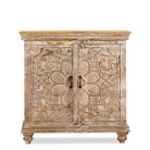 White background image of a square carved wood sideboard with whitewashed floral detailing; ideal as living room furniture, 90 × 90 × 40 cm.