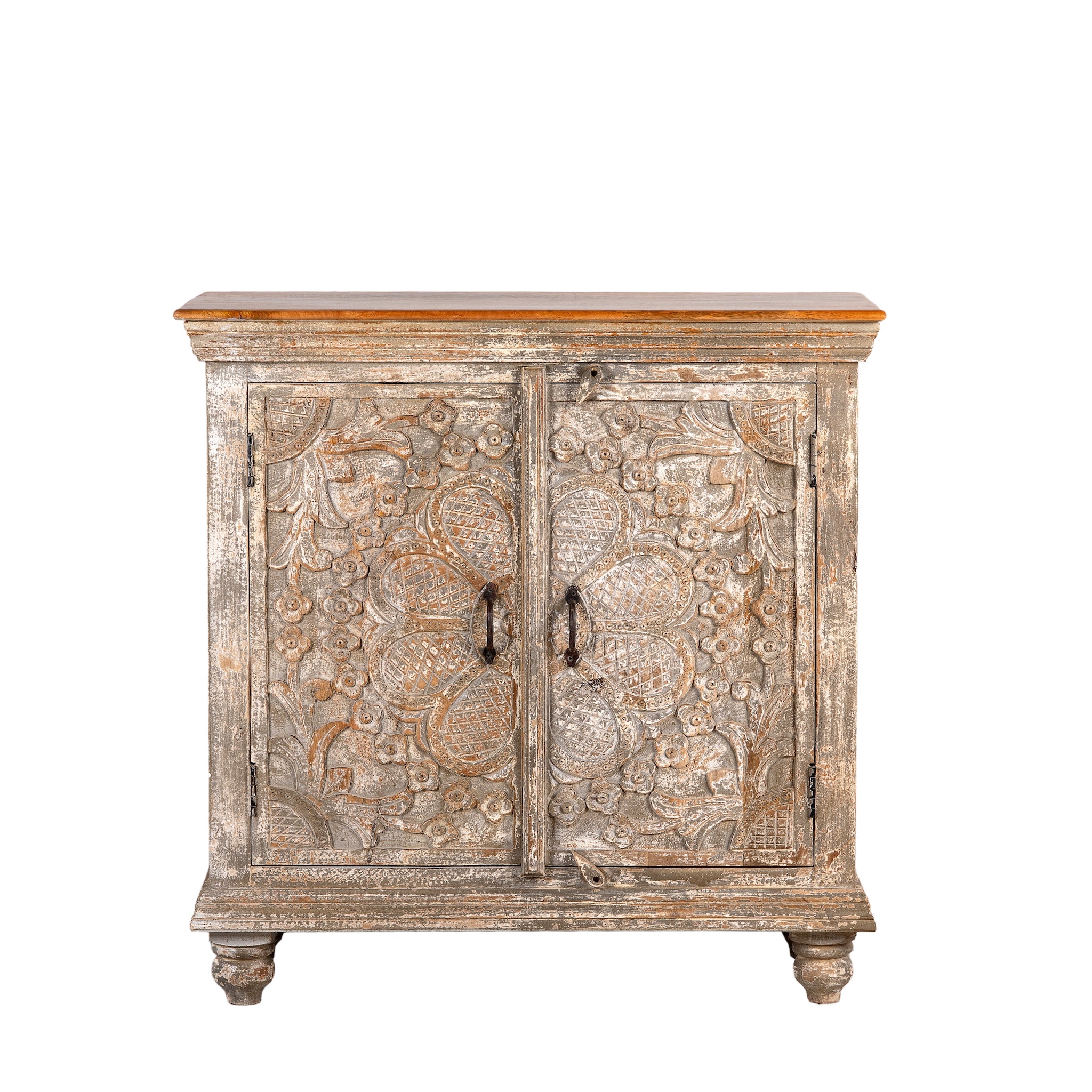 White background image of a square carved wood sideboard with whitewashed floral detailing; ideal as living room furniture, 90 × 90 × 40 cm.