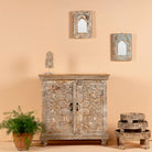 Square carved wood sideboard with whitewashed floral detailing; ideal as living room furniture, 90 × 90 × 40 cm.