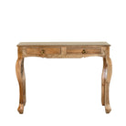 White background image of a desk made of natural mango wood with 2 drawers and carved legs.