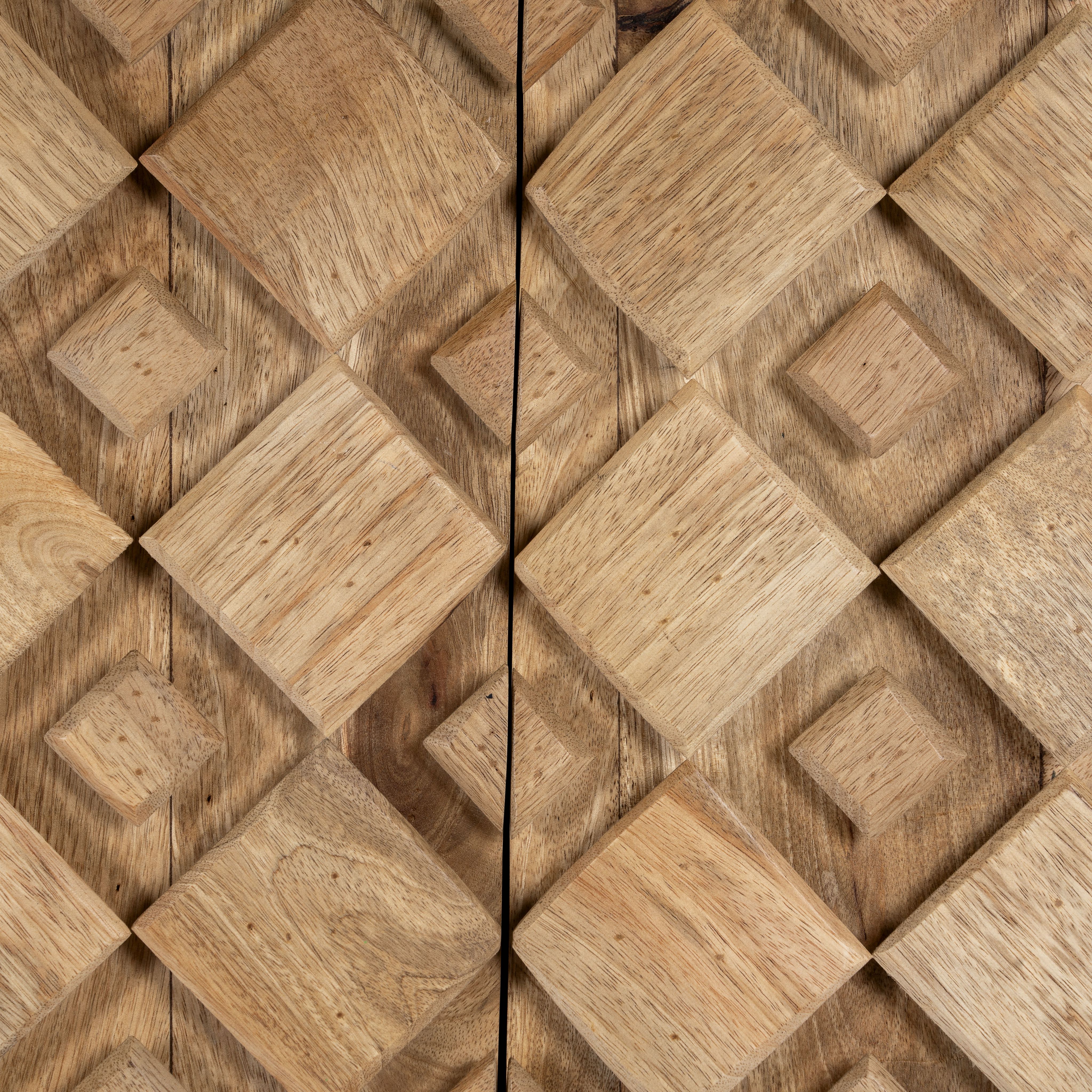 Close up image of a tall mango wood cabinet in grey sandblasted finish with geometric sunburst design and brass handles, 76 × 38 × 135 cm.