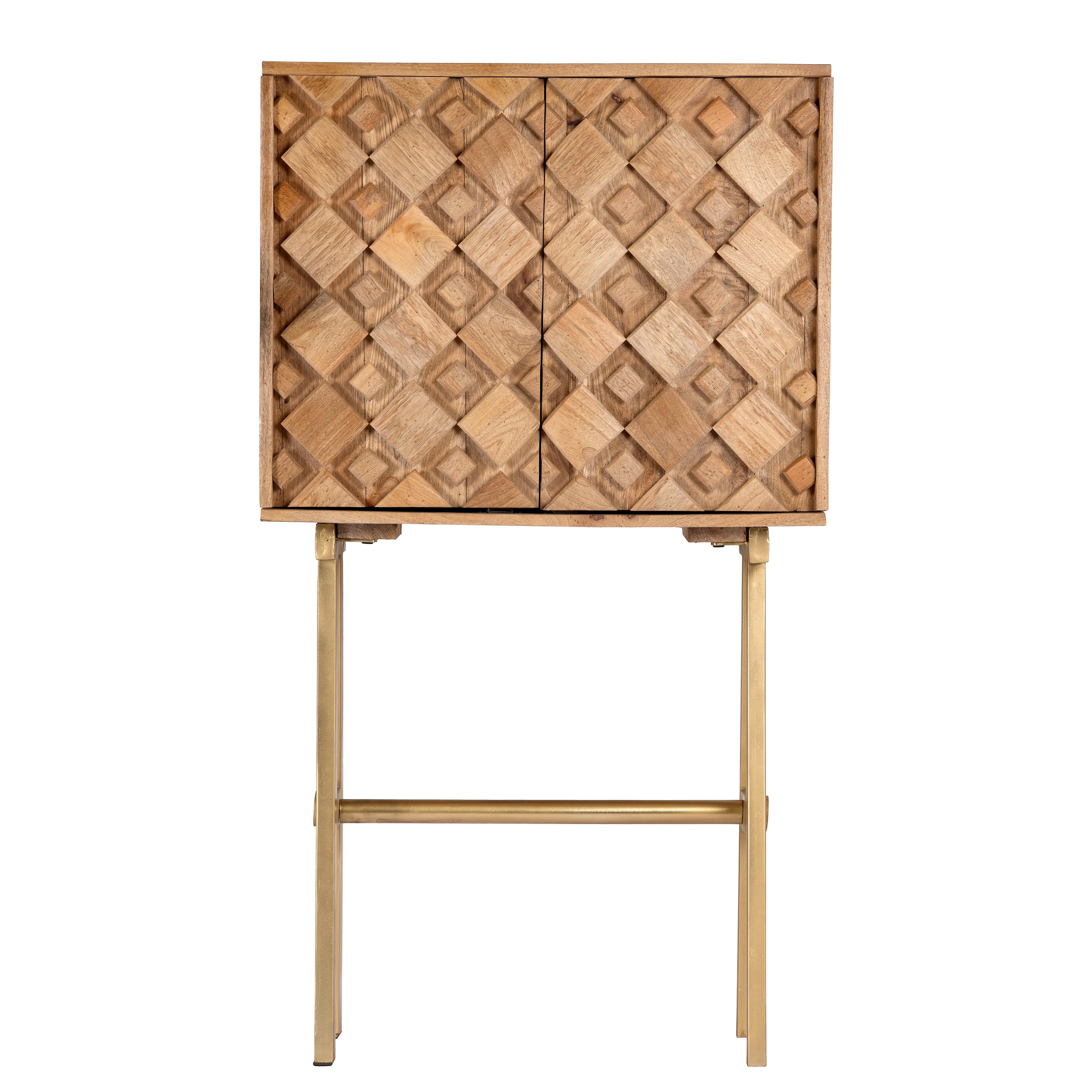 White background image of a tall mango wood cabinet in grey sandblasted finish with geometric sunburst design and brass handles, 76 × 38 × 135 cm.