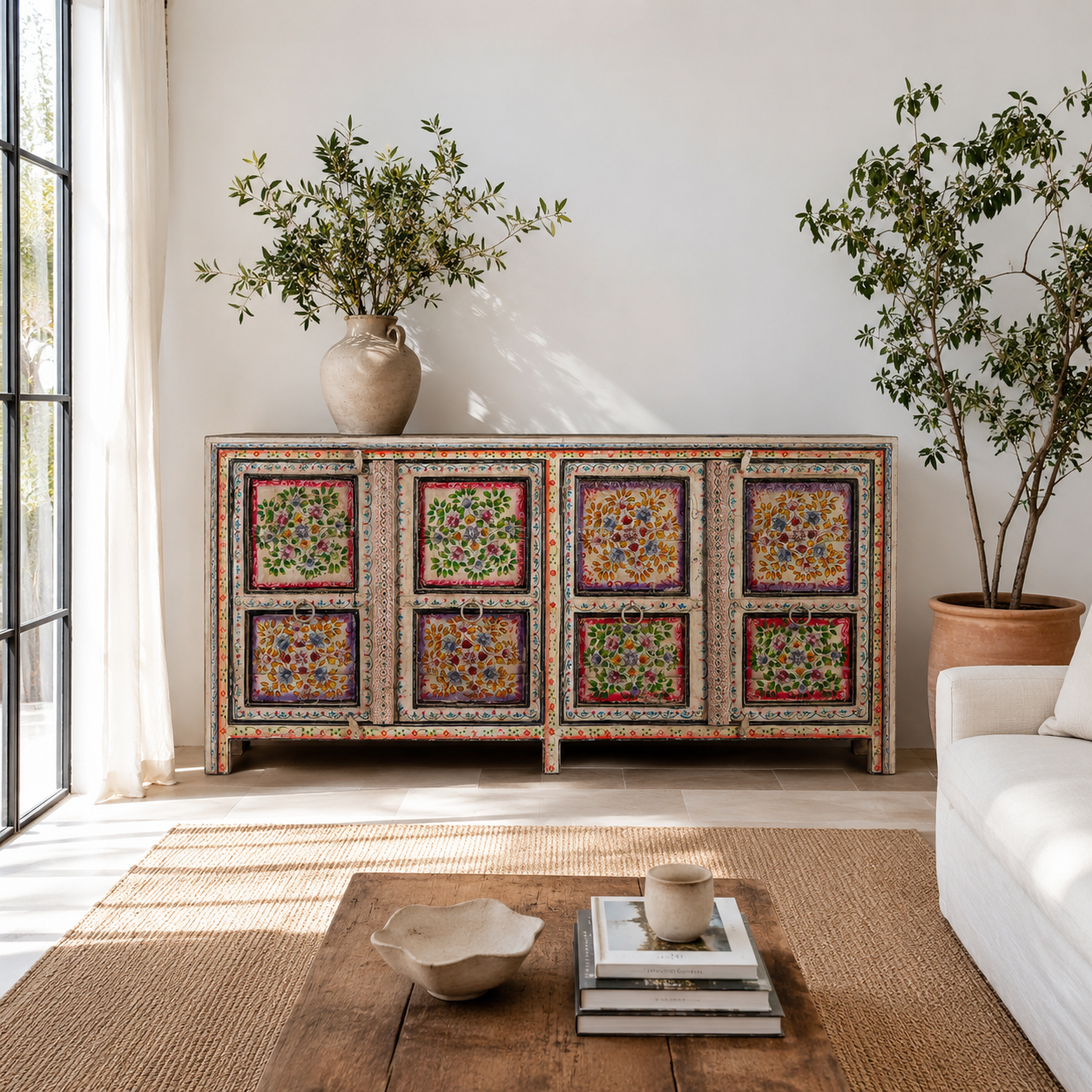 Lifestyle image of a boho style hand painted sideboard with reclaimed old Indian door decoration. Unique cabinet with floral design.