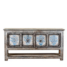 White background image of a hand painted console table with 2 doors and plenty of inside storage made of reclaimed old wood in Boho style.