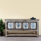 Image of a hand painted console table with 2 doors and plenty of inside storage made of reclaimed old wood in Boho style.
