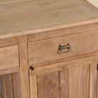 Close up image of a Jisha reclaimed teak wood desk with two drawers, cabinet and metal fittings, unique antique piece, 95x60x78cm