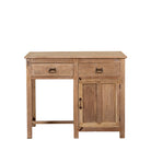 White background image of a Jisha reclaimed teak wood desk with two drawers, cabinet and metal fittings, unique antique piece, 95x60x78cm