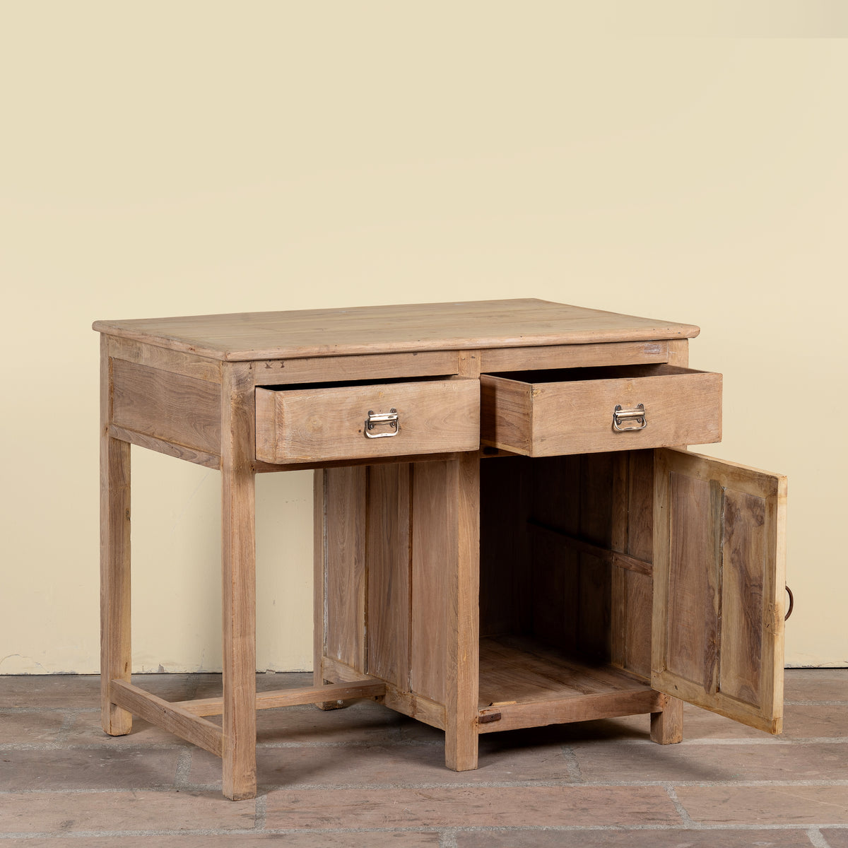 Side angle image with open drawers of a Jisha reclaimed teak wood desk with two drawers, cabinet and metal fittings, unique antique piece, 95x60x78cm