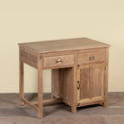 Side angle image of a Jisha reclaimed teak wood desk with two drawers, cabinet and metal fittings, unique antique piece, 95x60x78cm