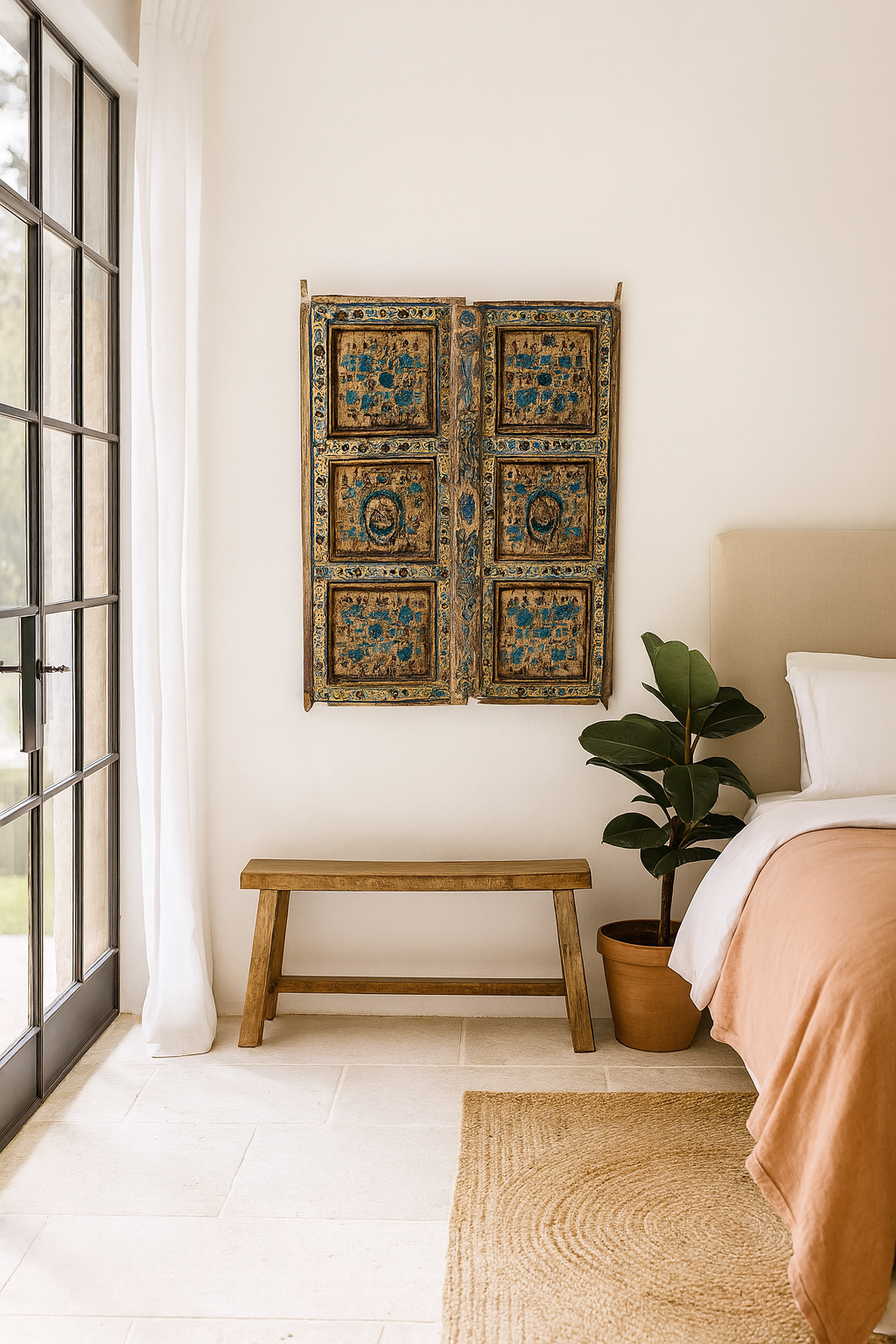 Lifestyle image of a Jodhpur hand-painted wall panel made from an antique Indian teak wood shutter, featuring floral motifs and a weathered finish—an artistic tribute to old Indian door panels.