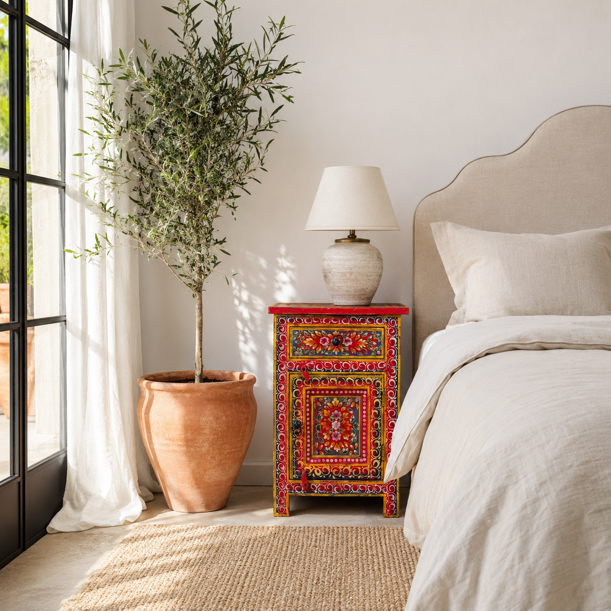 Lifestyle image of a Joven pair of hand painted reclaimed wood nightstands with one drawer, one cabinet door, floral artwork, and vibrant red boho style finish.