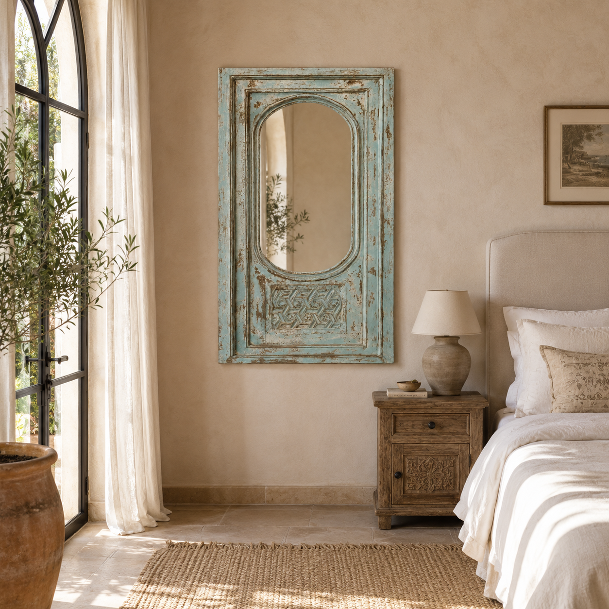 Lifestyle image of a Kaichur blue washed hand carved mango wood wall mirror, 160cm