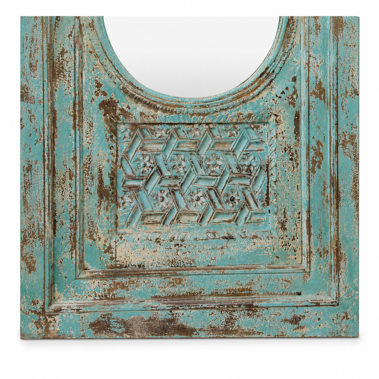 Close up image of a Kaichur blue washed hand carved mango wood wall mirror, 160cm