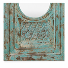 Close up image of a Kaichur blue washed hand carved mango wood wall mirror, 160cm