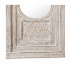 Close up image of a white washed tall vintage wall mirror with hand-carved mango wood frame; rustic hand carved mirror, 86 × 160 × 5 cm.