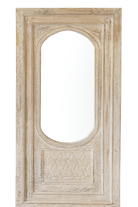 White background image of a tall vintage wall mirror with hand-carved mango wood frame; rustic hand carved mirror, 86 × 160 × 5 cm.