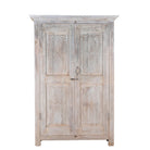 White background image of a Kaiden reclaimed teak wood wardrobe with hand-carved Indian details, double doors, and vintage whitewashed finish.