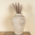 Handmade papier-mâché vase Kaju with decorative medallion and mirror inlay detail. A vintage home accessory and unique Indian decoration, ideal for vintage home decor with dried flowers or as a standalone statement.