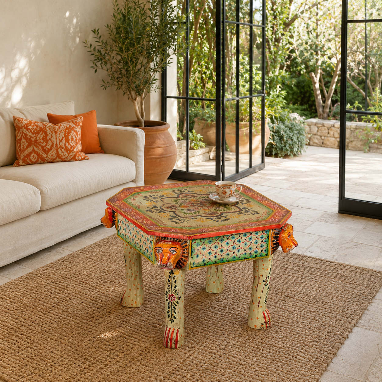 Lifestyle image of a Kaliana hand-painted reclaimed wood coffee table with sculpted tiger heads and colourful floral design 80cm