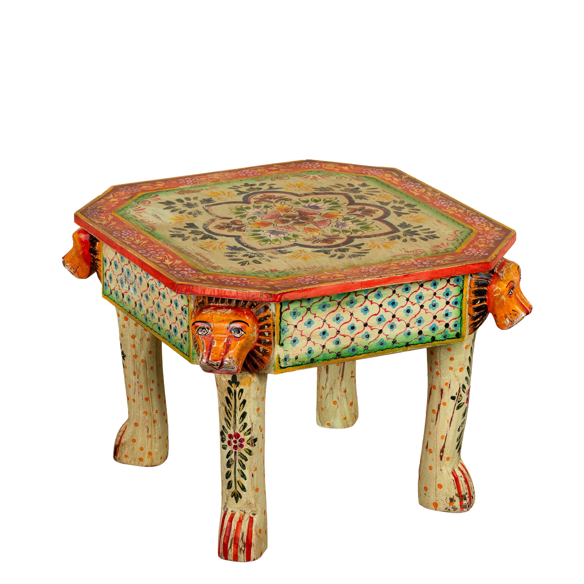 White background image of a Kaliana hand-painted reclaimed wood coffee table with sculpted tiger heads and colourful floral design 80cm