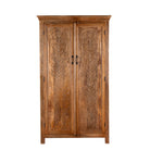 White background image of a Kalki hand carved mango wood wardrobe with botanical carved doors, removable shelves and hanging rail, 110x56x190cm