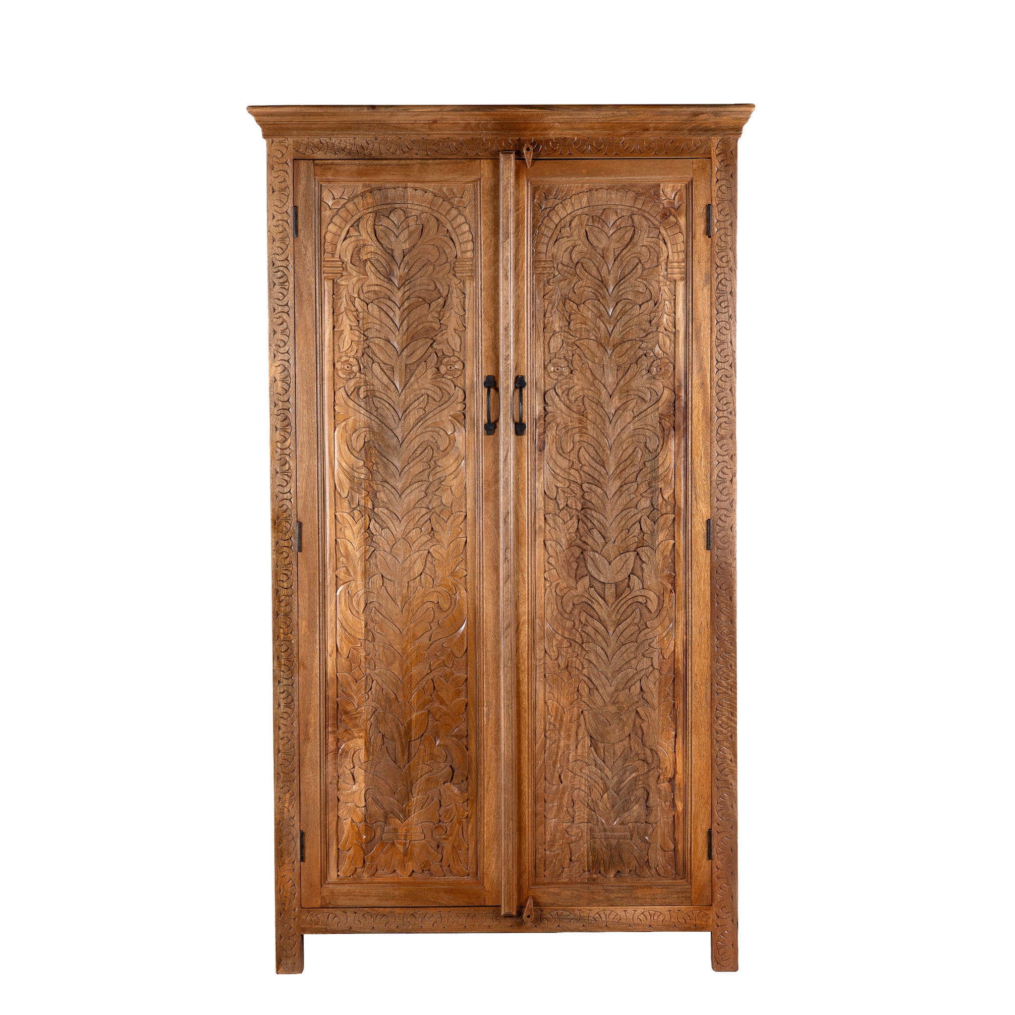 White background image of a Kalki hand carved mango wood wardrobe with botanical carved doors, removable shelves and hanging rail, 110x56x190cm