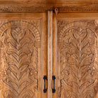 Close up image of a Kalki hand carved mango wood wardrobe with botanical carved doors, removable shelves and hanging rail, 110x56x190cm