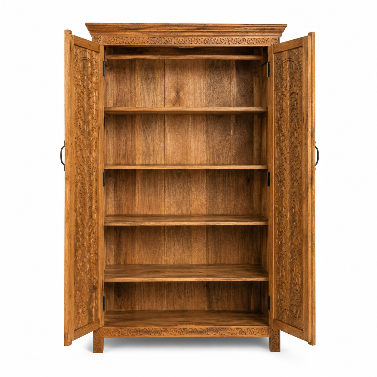 Inner layout of a Kalki hand carved mango wood wardrobe with botanical carved doors, removable shelves and hanging rail, 110x56x190cm