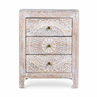 White background image of a hand carved night stand in solid mango wood with mandala motifs; white washed furniture, 50 × 40 × 60 cm.
