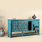 Open drawer image of Kalpana antique console table wood with turquoise patina, part of our teakwood tables collection.