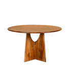White background image of a round mango wood dining table with natural grain and sturdy base; solid wooden dining table for dining rooms, 130 cm diameter × 100 cm height.