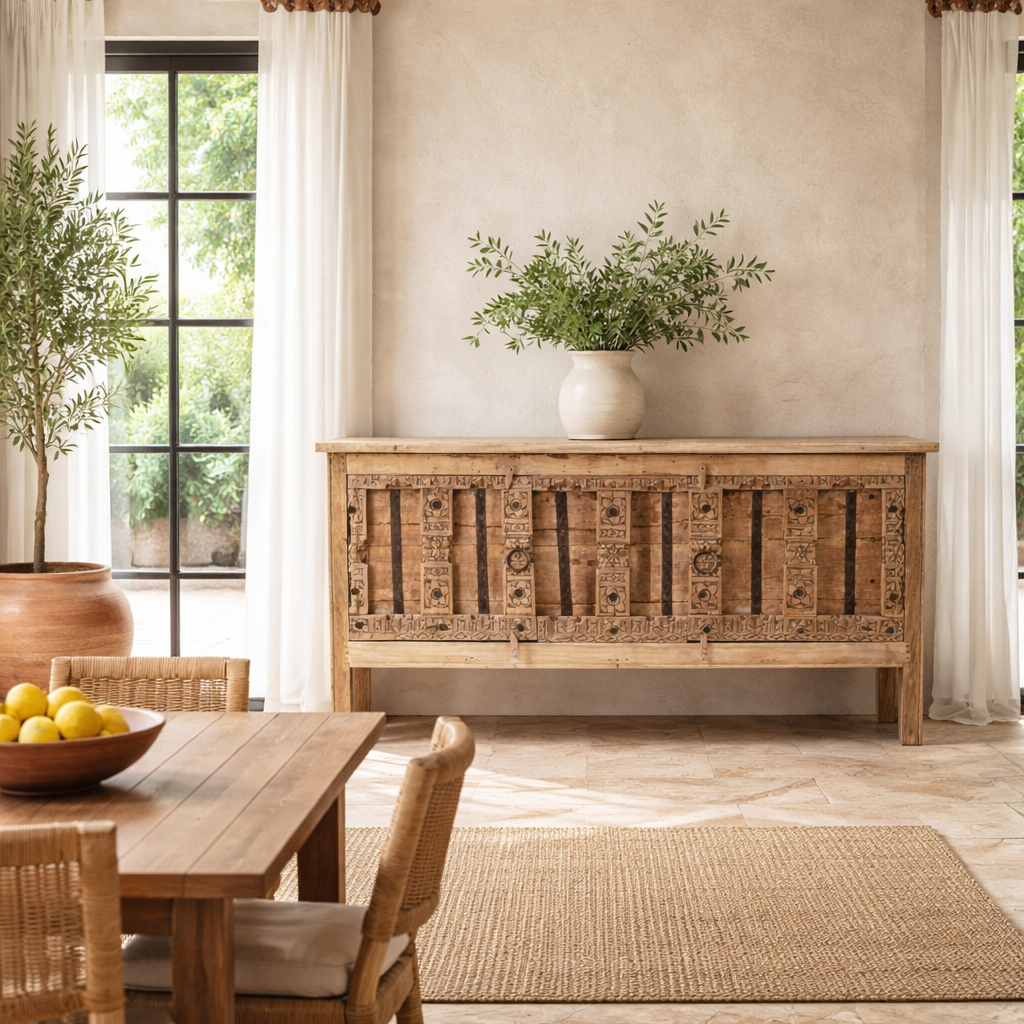 Lifestyle imagination of a console table made from old teak door panels, featuring traditional hand-carved details, iron ring accents, and built-in storage in a natural rustic finish.