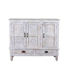 White background image of a whitewashed hand carved wooden sideboard made from solid mango wood with floral patterns, 3 doors and 2 drawers; artisanal mango wood furniture, 120 × 100 × 40 cm.