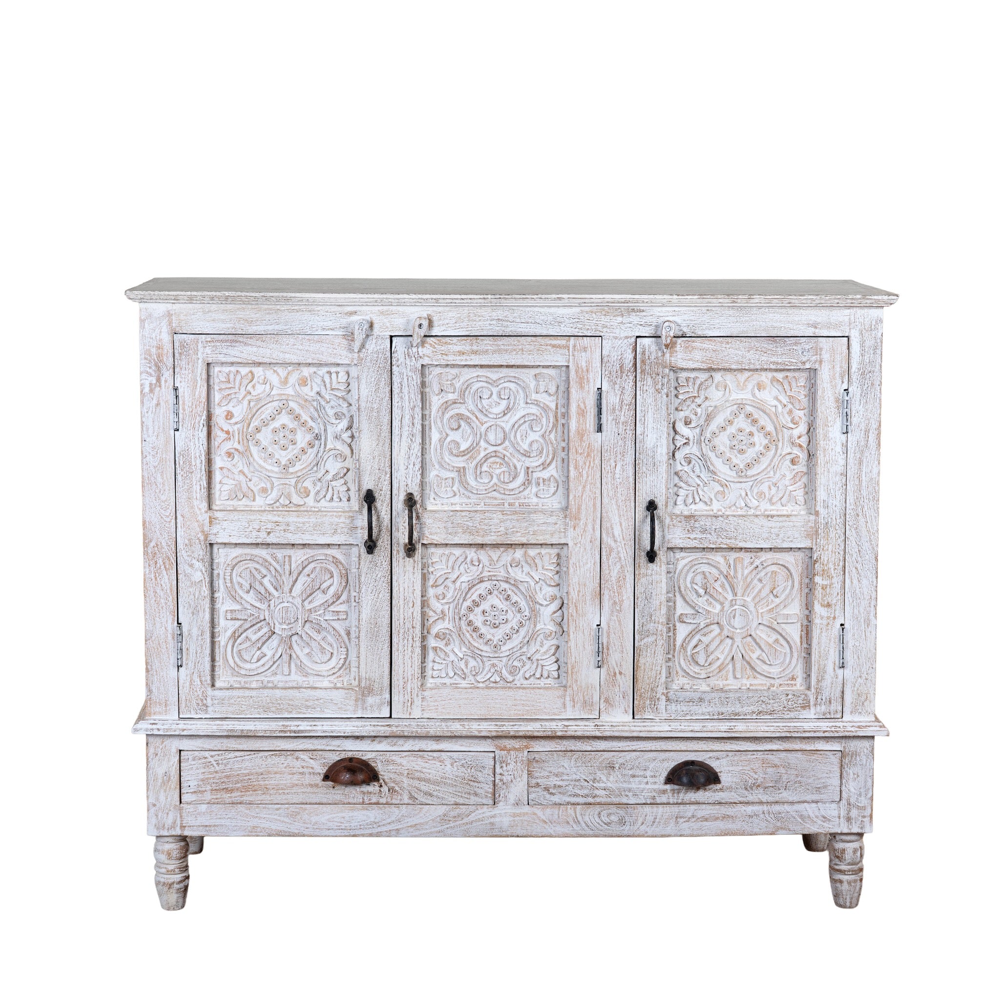 White background image of a whitewashed hand carved wooden sideboard made from solid mango wood with floral patterns, 3 doors and 2 drawers; artisanal mango wood furniture, 120 × 100 × 40 cm.