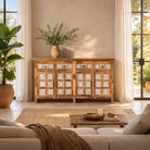 Lifestyle imagination of a  hand-carved mango wood sideboard with whitewashed floral details; perfect as living room furniture or mango wood furniture for vintage interiors, 180 × 100 × 40 cm.