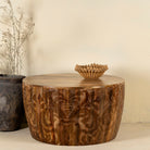 Round mango wood coffee table with hand-carved detailing and natural finish; rustic carved coffee table, 90 cm diameter, 52 cm height.