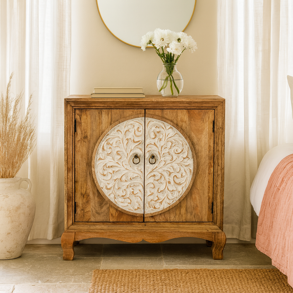 Lifestyle imagination of a carved wood furniture cabinet made from mango wood with floral detailing and whitewashed finish, 90 × 90 × 40 cm.