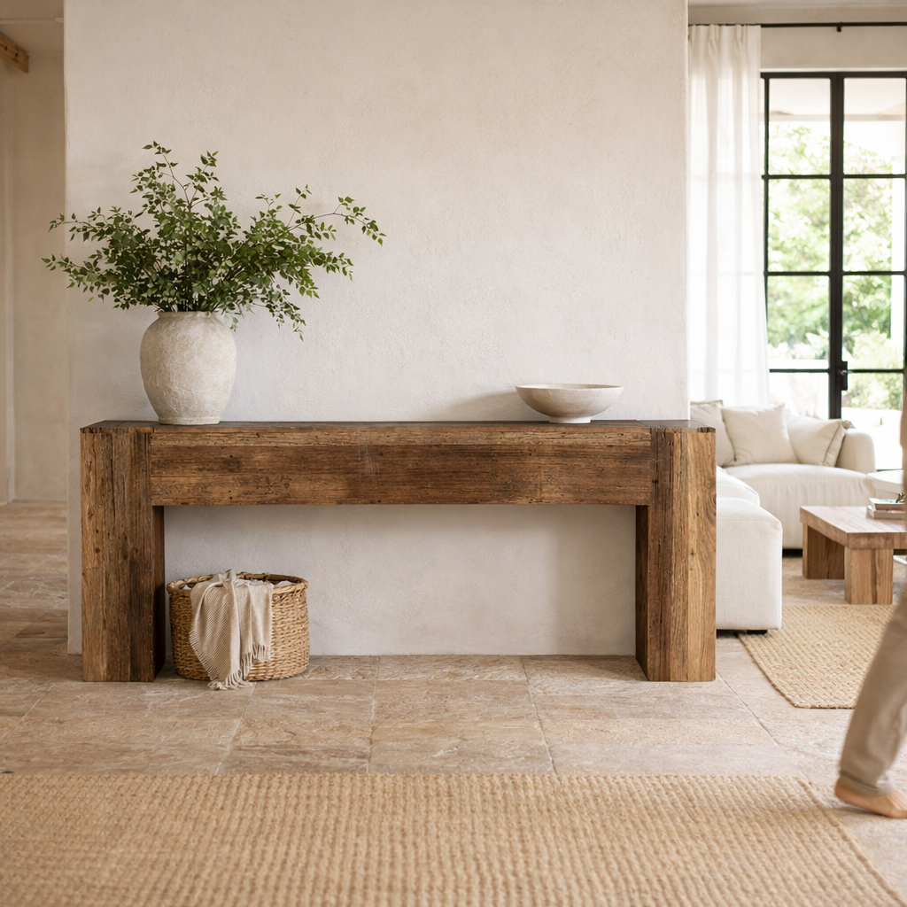Lifestyle image of a rustic minimalistic console table made from reclaimed wood with preserved imperfections, block legs, 250 × 40 × 90 cm.
