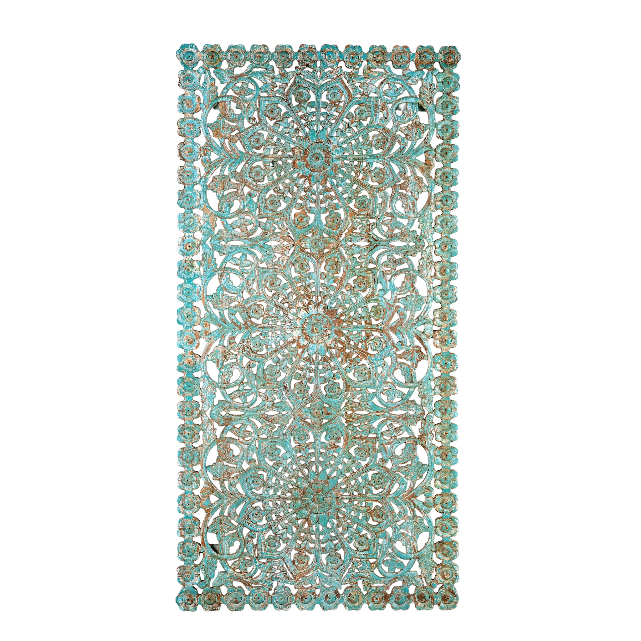 White background image of a hand-carved mango wood wall panel with floral motifs in blue finish – Kataee Blue model by Om Home & Garden
