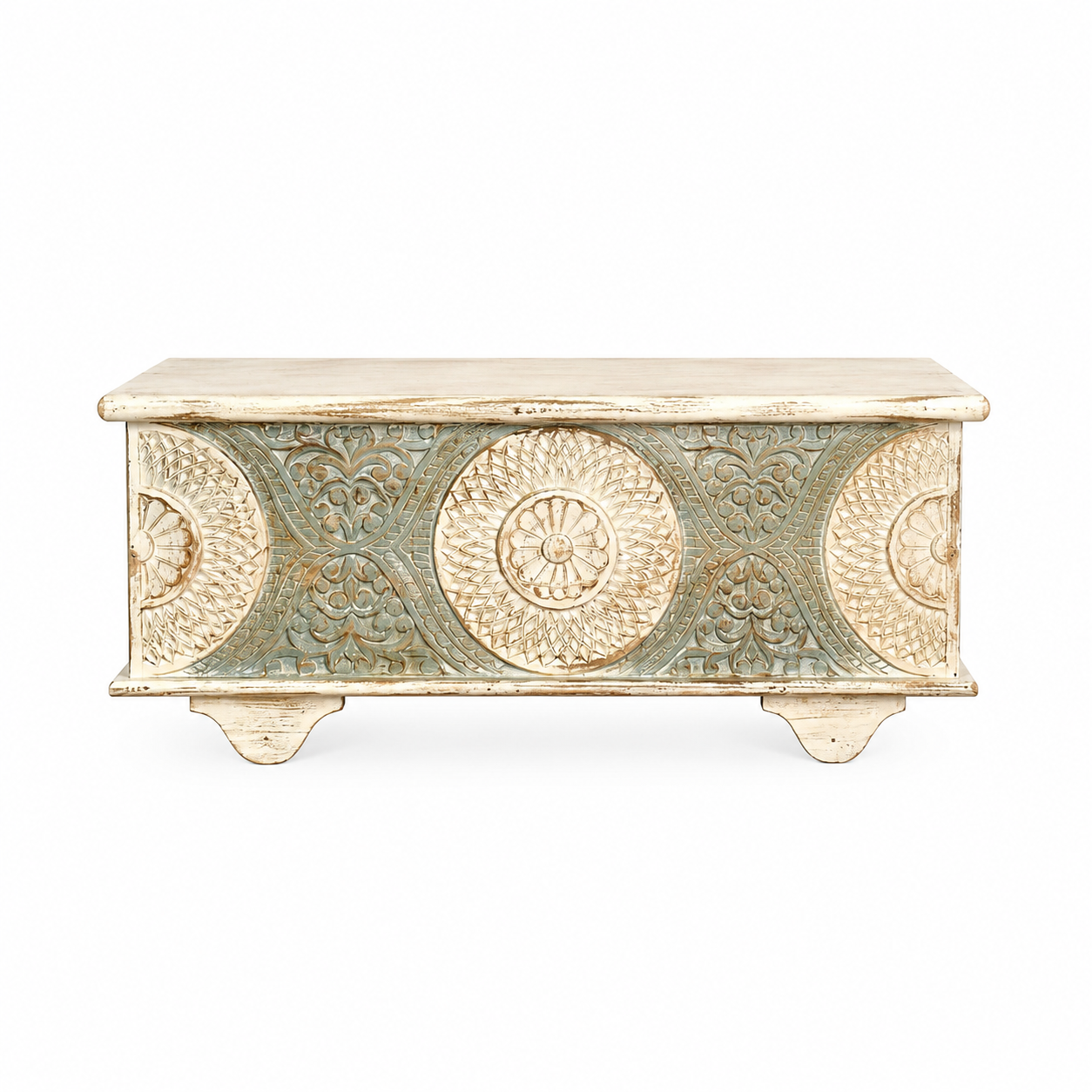 White background image of a hand-carved mango wood vintage chest with whitewashed finish and iron fittings – elegant storage for bohemian or rustic interiors.