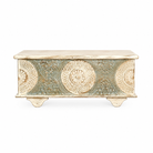 White background image of a hand-carved mango wood vintage chest with whitewashed finish and iron fittings – elegant storage for bohemian or rustic interiors.