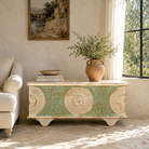Lifestyle image of a hand-carved mango wood vintage chest with whitewashed finish and iron fittings – elegant storage for bohemian or rustic interiors.