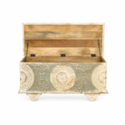 White background image with open lid of a hand-carved mango wood vintage chest with whitewashed finish and iron fittings – elegant storage for bohemian or rustic interiors.