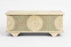 White background image of a hand-carved mango wood vintage chest with whitewashed finish and iron fittings – elegant storage for bohemian or rustic interiors.