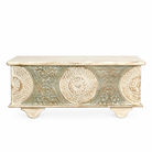 White background image of a hand-carved mango wood vintage chest with whitewashed finish and iron fittings – elegant storage for bohemian or rustic interiors.