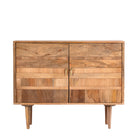White background image of a hand-carved mango wood cabinet with 3D line-striped design and natural finish—vintage furniture blending artisanal detail and timeless style.