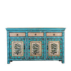 White background image of a Kaveh hand painted reclaimed wood sideboard in boho style with three doors, three drawers, floral details, and distressed turquoise finish.