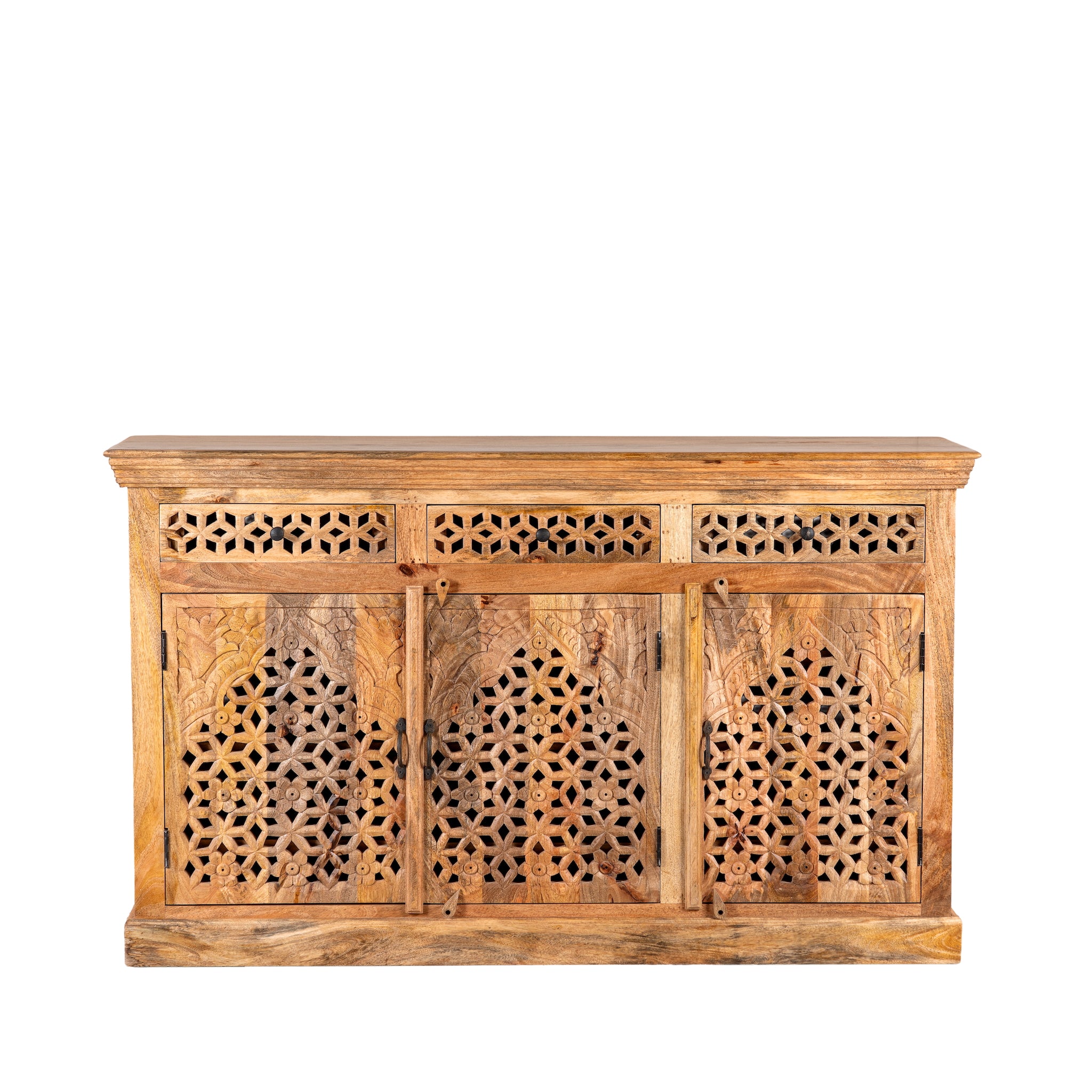 White background image of a hand-carved mango wood sideboard Kaveri with 6 compartments and 3 drawers, oriental-inspired mango wood furniture, 150 × 90 × 40 cm.