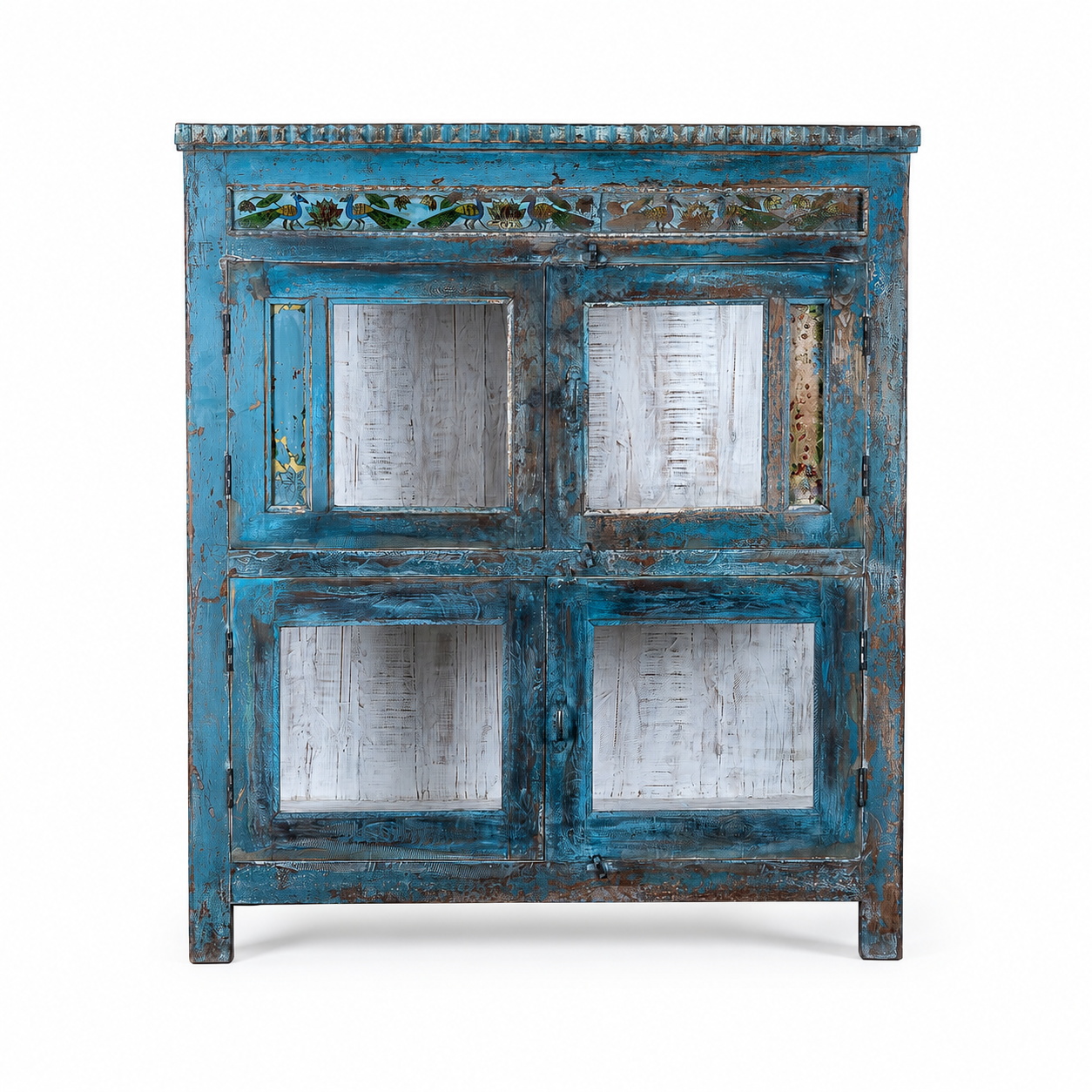 White background image of a Kavish vintage blue reclaimed teak wood wardrobe with peacock reverse glass paintings and distressed Indian finish.
