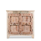 White background image of a sandblasted reclaimed teak sideboard in Ibiza style, featuring sandblasted old wood surfaces and rustic design; 112 × 90 × 50 cm.